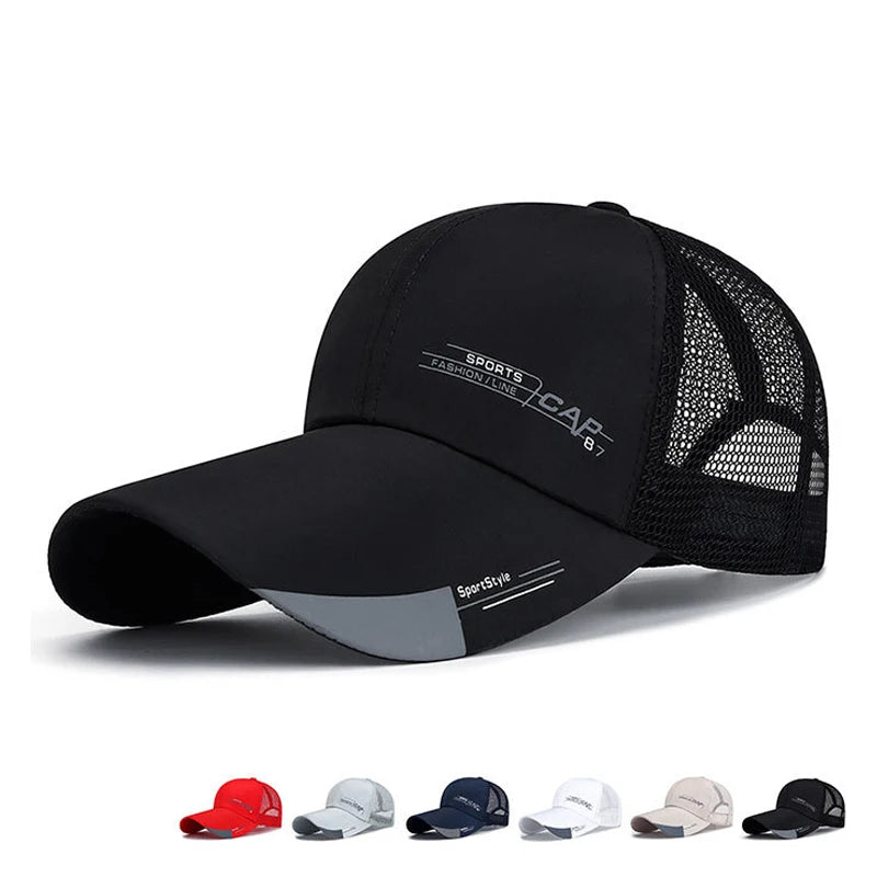Mens Hat For Fish Outdoor Sports Cap Fashion Line Baseball Cap Mesh Breathable Snapback Hat Long Visor Brim Cap Bone Casquette