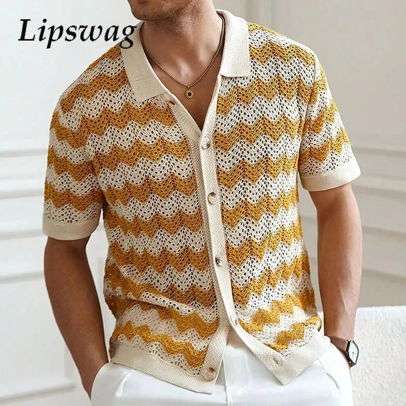 Mens Beach Vintage Striped Crochet Knit Cardigans Men Summer Trendy Lapel Button-up Shirt New Casual Hollow Out Knitted Shirts