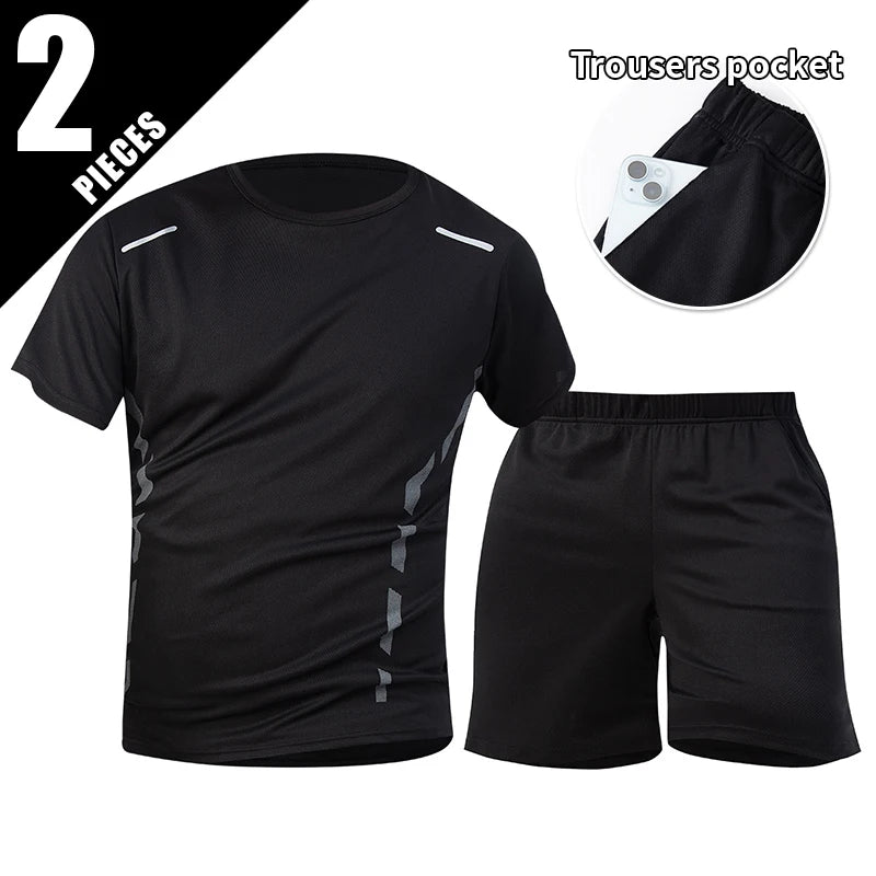 2/6pcs Men's Summer 7-color Quick Drying Casual Fashion Set Youth Loose Short sleeved T-shirt Black Sports Shorts Brother'Outfit