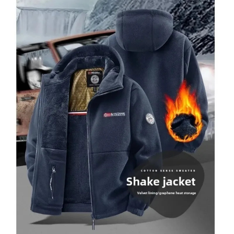 Autunm Winter Fleece Graphene Self-heating Jackets Men Thicken Warm Hooded Windproof Outdoor Hiking Thermal Cardigan Jacket Man