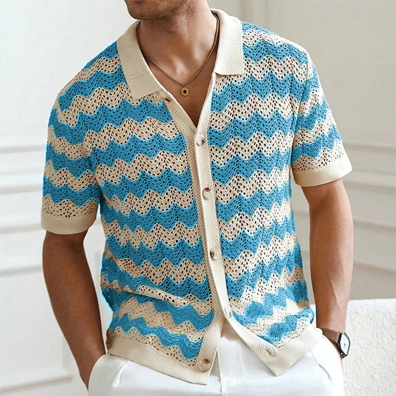 Mens Beach Vintage Striped Crochet Knit Cardigans Men Summer Trendy Lapel Button-up Shirt New Casual Hollow Out Knitted Shirts