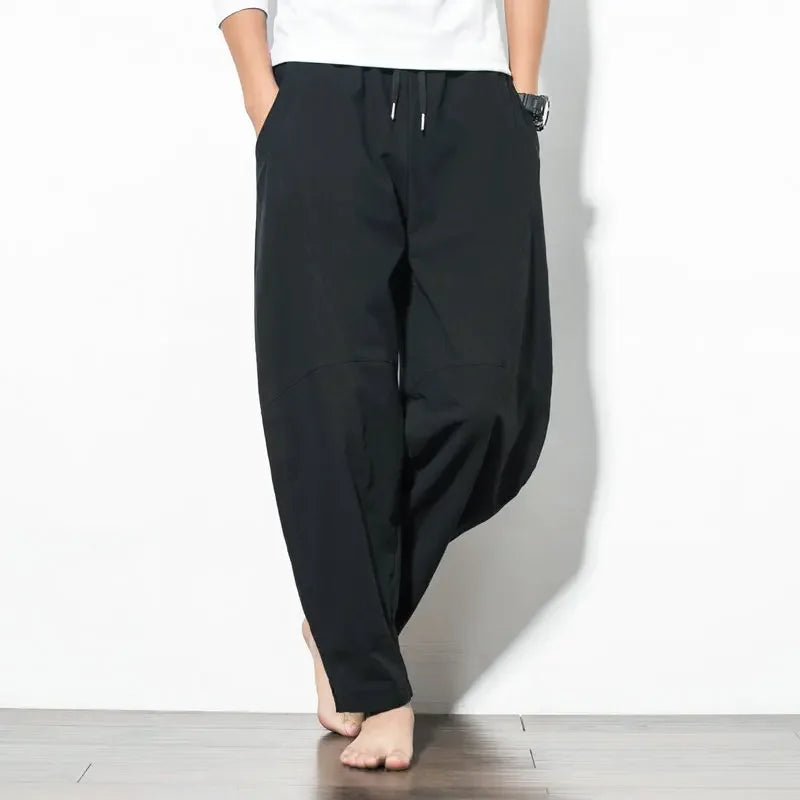 Hot Sale  Men Imitation Linen Harem Pants Mens HipHop Loose Trousers Male Wide Legs Cross-pants Male Joggers Black Pants 5XL