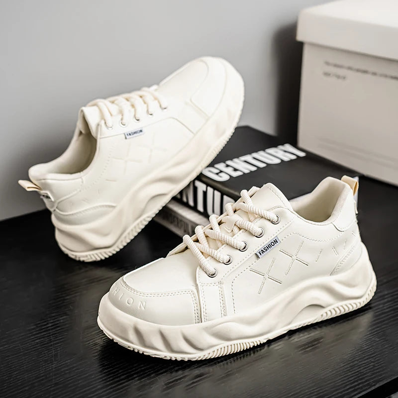 Mens Board Shoes Fashion Leather Comfortable Soft Sole Daily Commuting Sneakers Youth Flat Casual Walking Shoes for Men