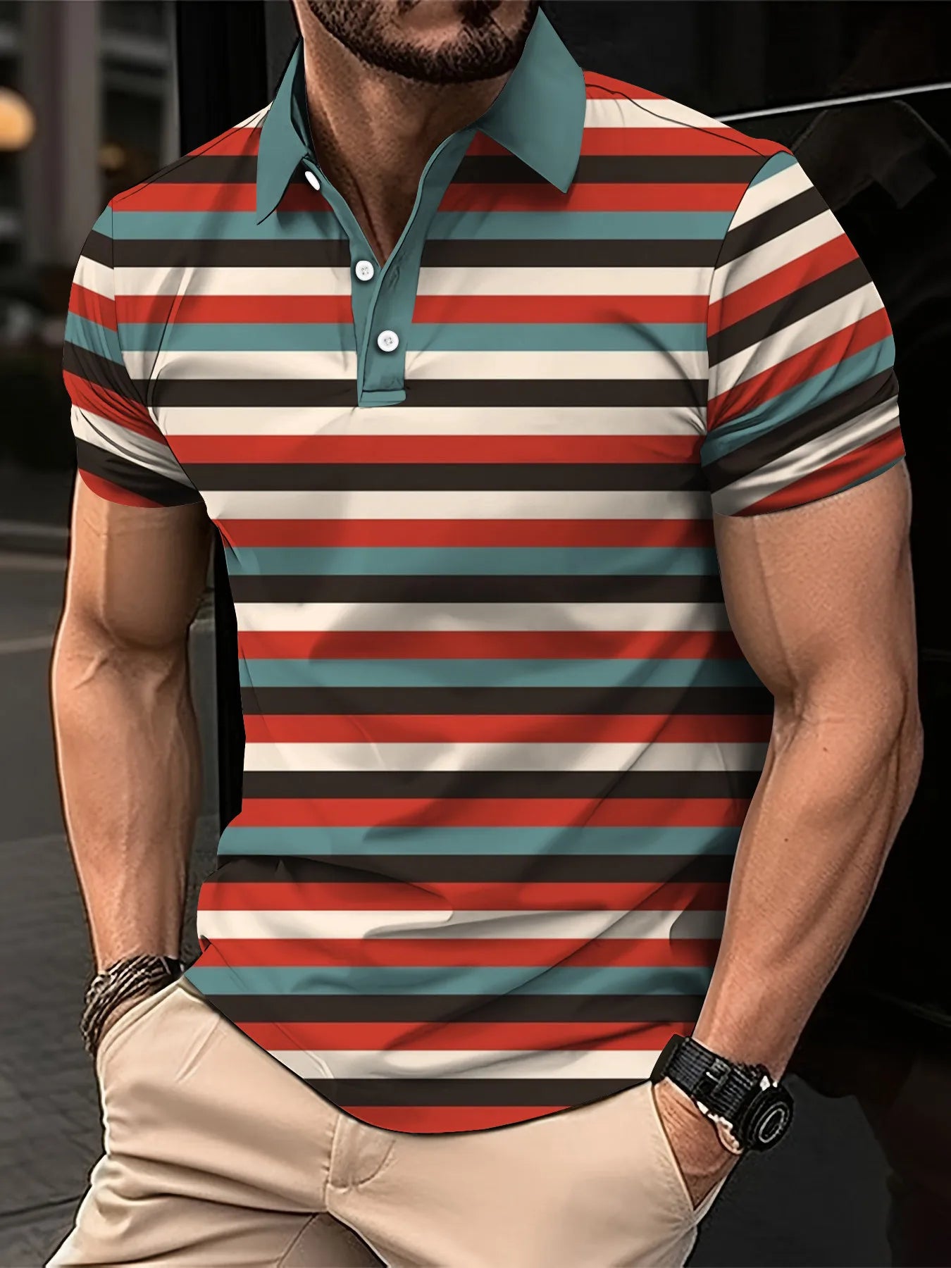 Men's Short Clothes Sleeved Lapel 3D Digital Printed Striped Polo Shirt Summer  Man's Business Casual Top Clothes Oversized