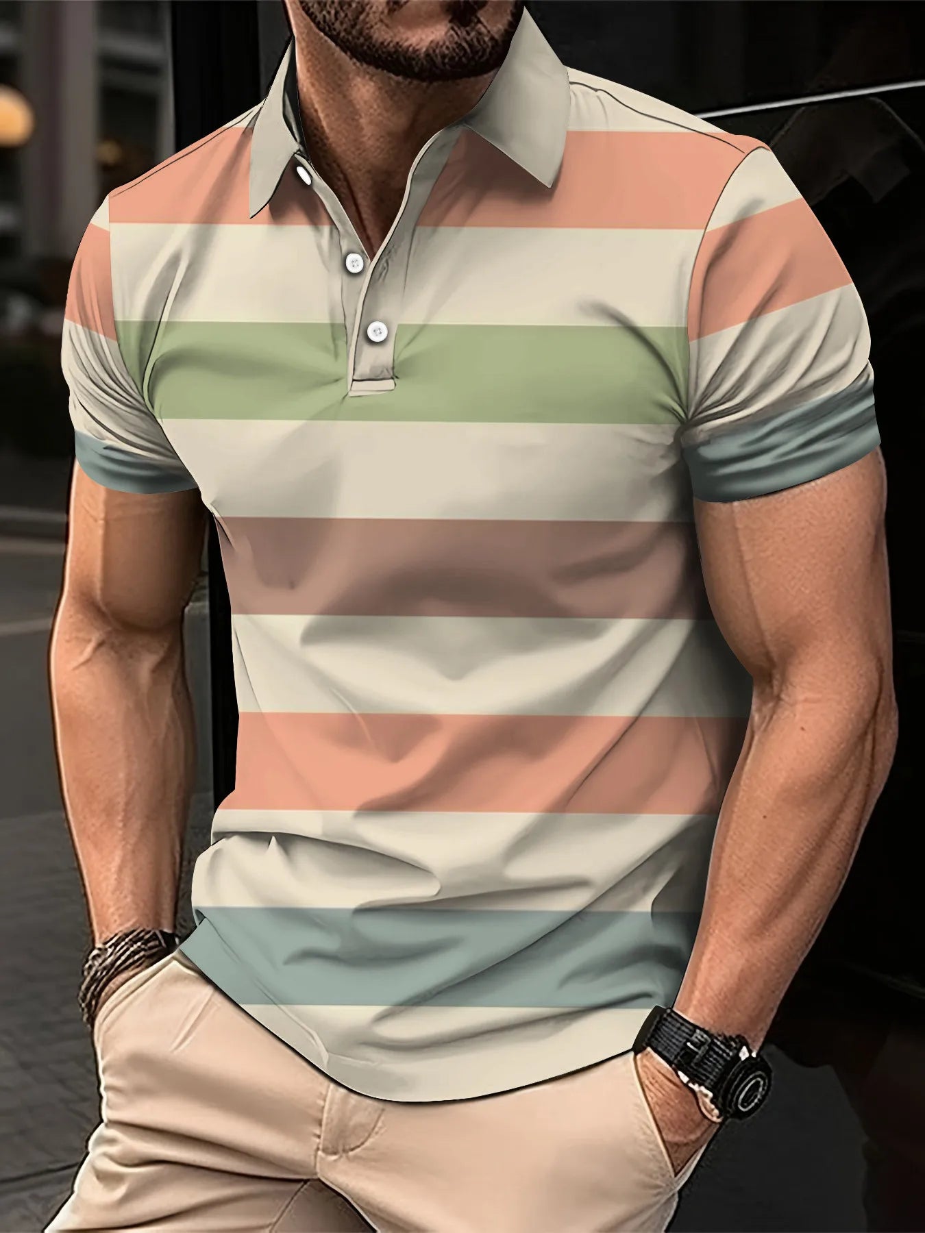 Men's Short Clothes Sleeved Lapel 3D Digital Printed Striped Polo Shirt Summer  Man's Business Casual Top Clothes Oversized