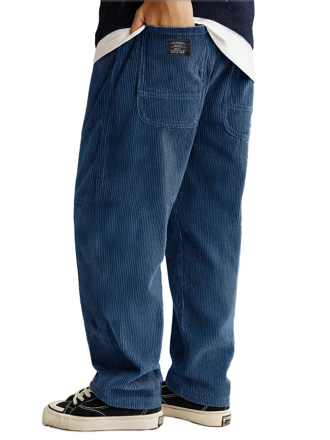 Loose Fit Corduroy Pants for Men Elastic Waist Jogger Sweatpants with Pockets Autumn Winter Casual Thick Trousers