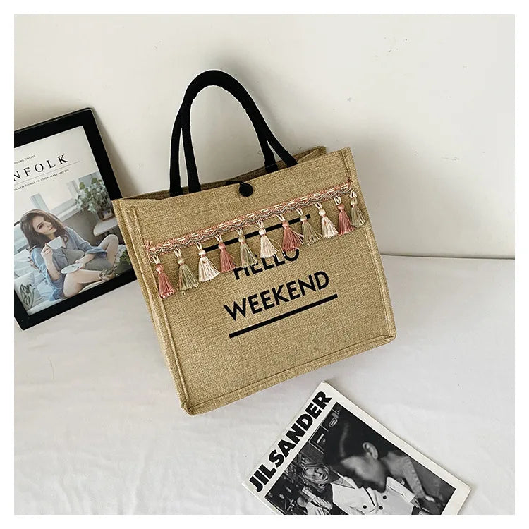 Casual Large Capacity Canvas Tote Bag Women's Handbag Korean Version Liner Tassel Letter Bag Fashionable Shoulder Bag