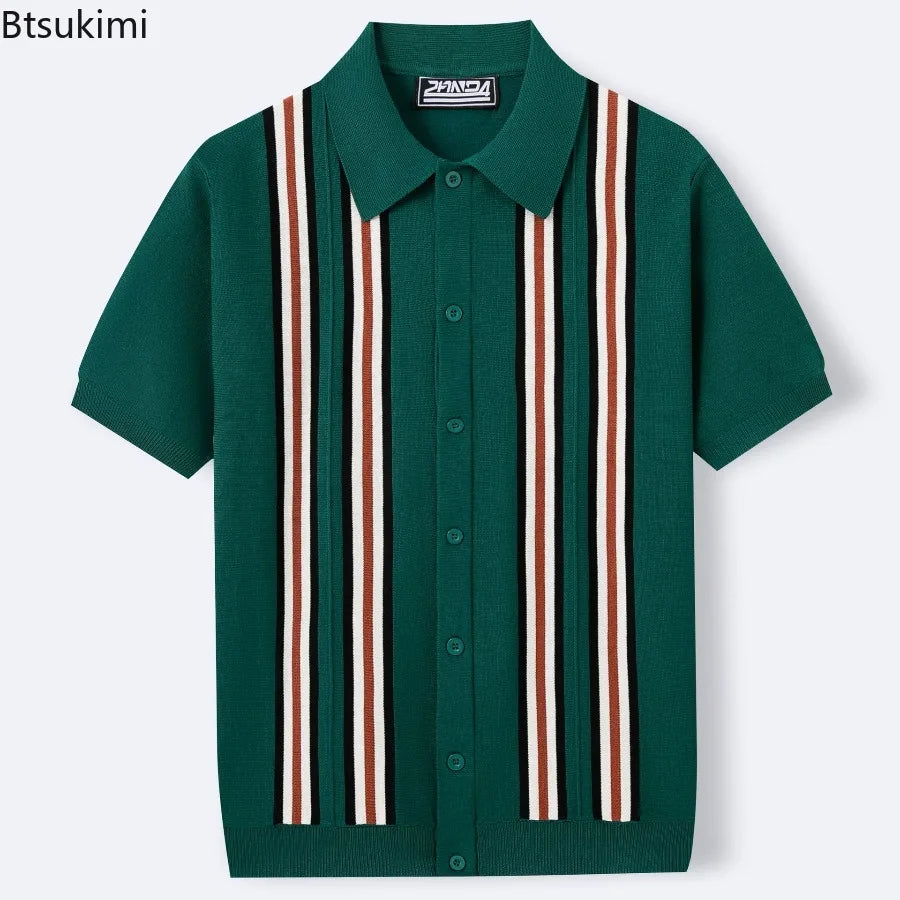 Summer Men Clothing High-end Business Casual Knitted Polo Shirt British Breathable Short Sleeve Jacquard Knit Cardigan Male Tops