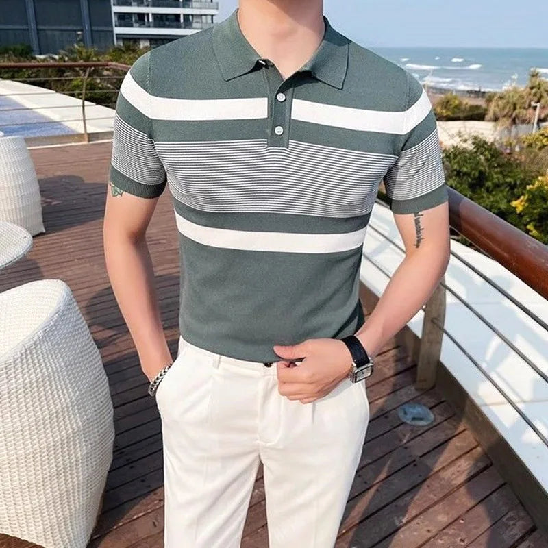 Men's Clothing American New Arrival Summer Striped Polo Shirt Sporty Trendy Versatile Stylish Short Sleeve T-Shirt Collared