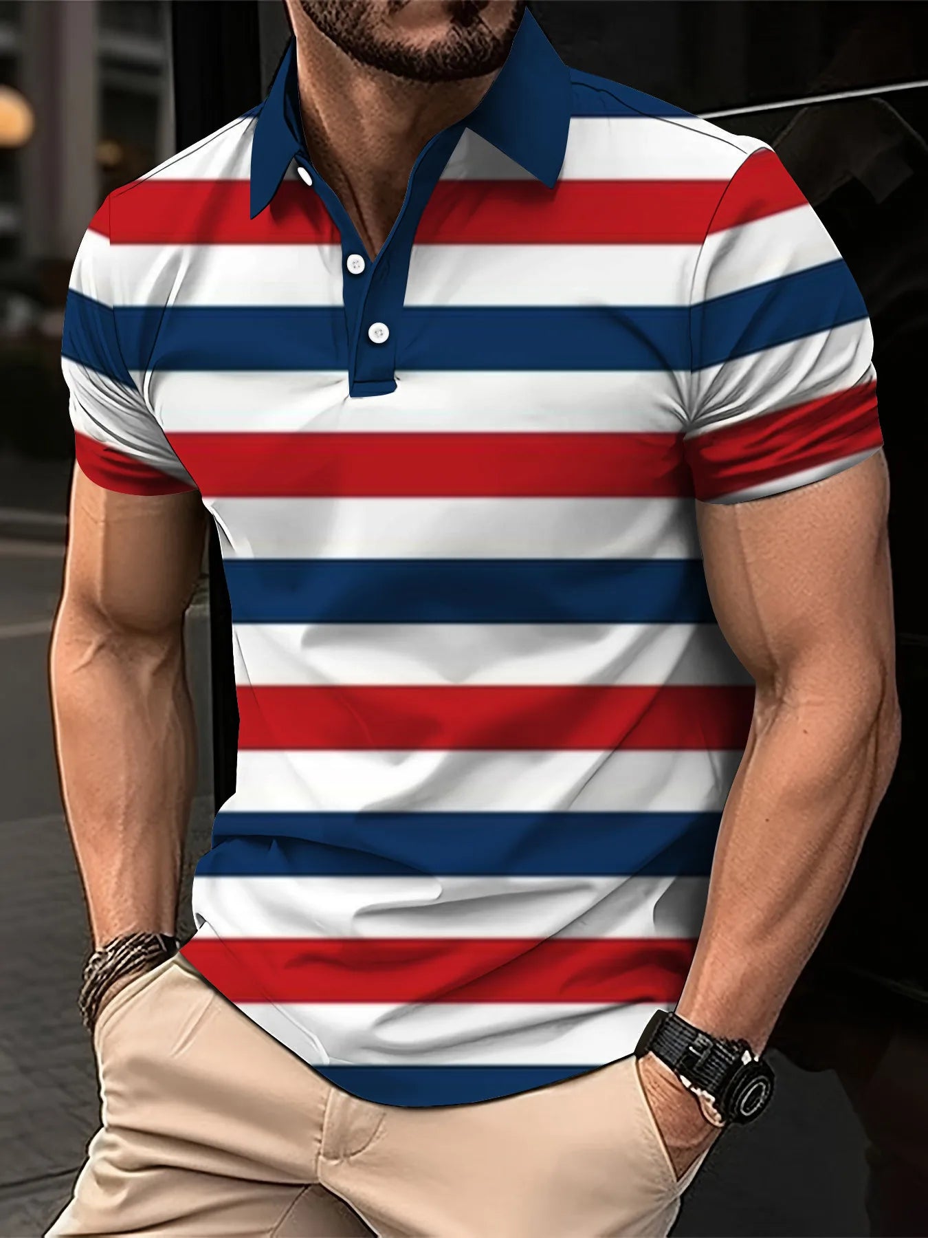 Men's Short Clothes Sleeved Lapel 3D Digital Printed Striped Polo Shirt Summer  Man's Business Casual Top Clothes Oversized