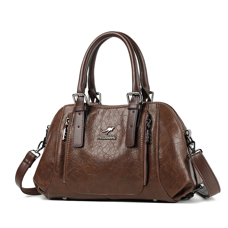 Daily Commuting Two Layers Casual Tote Hand Bags Top Quality Oil Leather Shoulder Crossbody Bags for Women Mother's Handbags