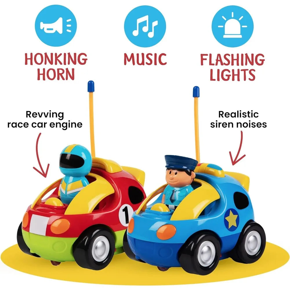 Cartoon Remote Control Cars - Police Car and Race Car for Toddlers - RC Cars for Kids - Easy Remote Control Toy, Christmas Gifts