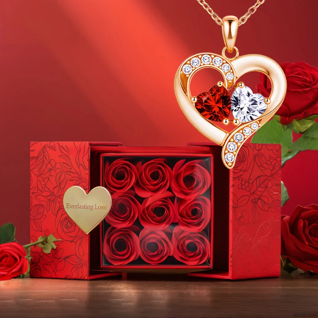 Elegant Red Heart Pendant Necklace with Rose Gift Box - Romantic Valentine’s Day, Birthday, or Mother’s Day Gift for Wife, Mom