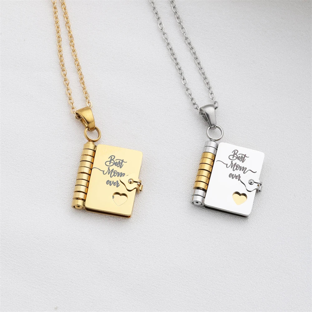 Mother’s Day Gift Best Mom Ever Book Necklace Stainless Steel Engraved Book Locket Necklaces Women Daughter Present for Mom