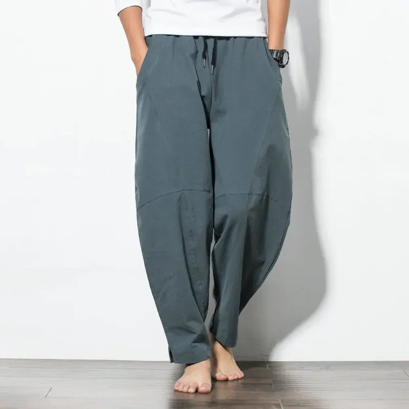Hot Sale  Men Imitation Linen Harem Pants Mens HipHop Loose Trousers Male Wide Legs Cross-pants Male Joggers Black Pants 5XL