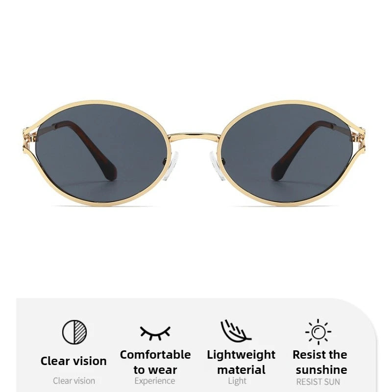 Fashionable Hollow Design Sunglasses Luxury Brand Designer Oval Sunglasses for Women Popular Metal Sunshade UV Sun Glasses