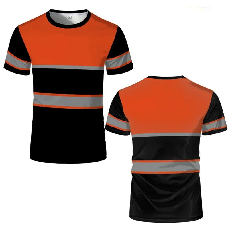 Simple striped safety work T-shirt summer casual short sleeved 3D printed round neck T-shirt top