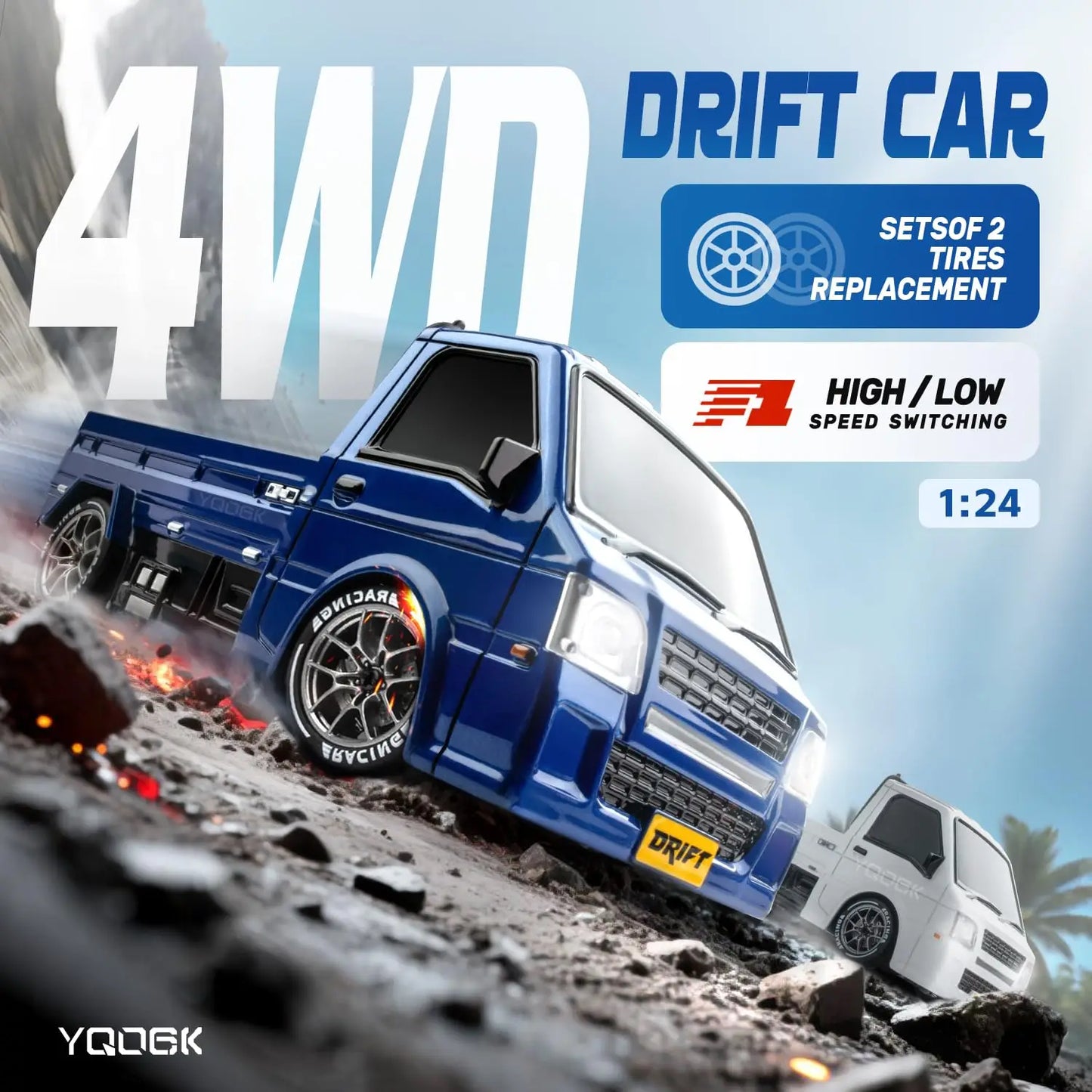 1/24 Remote Control Drift Car, 2.4GHz 20km/h Four-Wheel Drive High-Speed Remote Control Truck, Drift Tires & Dual Battery Racing
