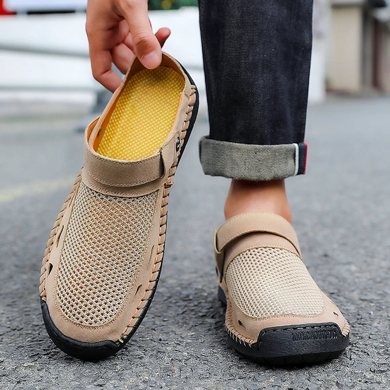 Summer Mens Casual Shoes Mesh Breathable Half Slippers Fashion Walking Sneakers Handmade Male Sandals Lightweight Non-slip Clogs