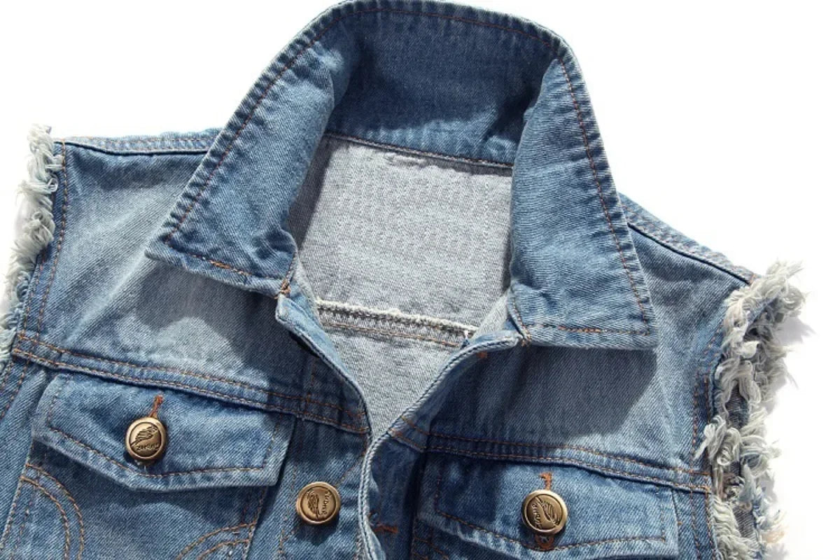 Summer Mens Ripped Denim Vest Male Tank Top Washed Jeans Waistcoat Man Retro Cowboy Hip Hop Sleeveless Jacket for Men