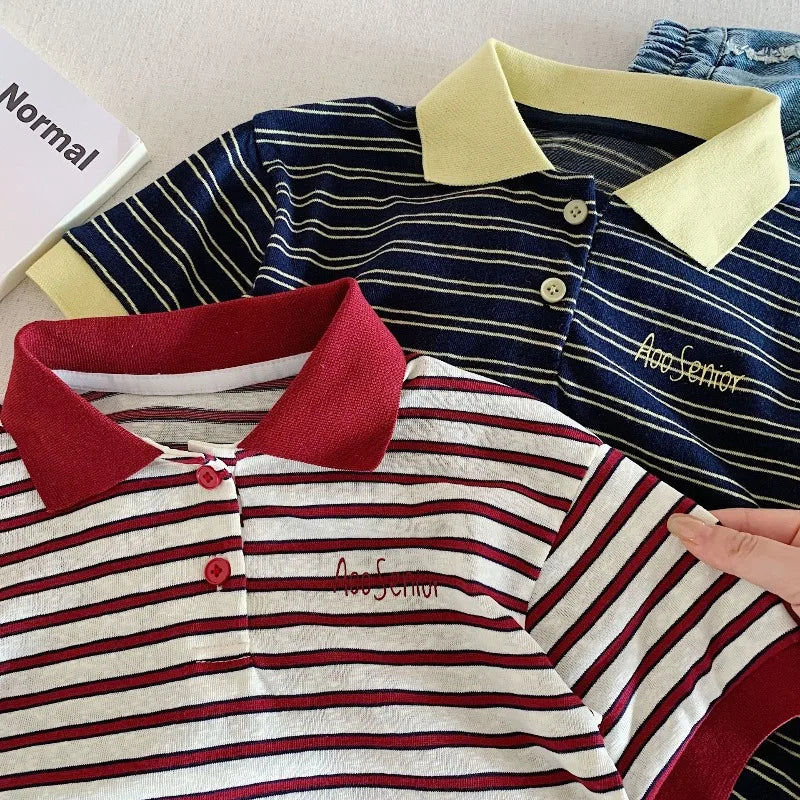 Kids Striped Polo Shirt 2026 Summer Casual Short Sleeve Polo Tee for Boys Letter Embroidery Tops for Girls Children Outfits