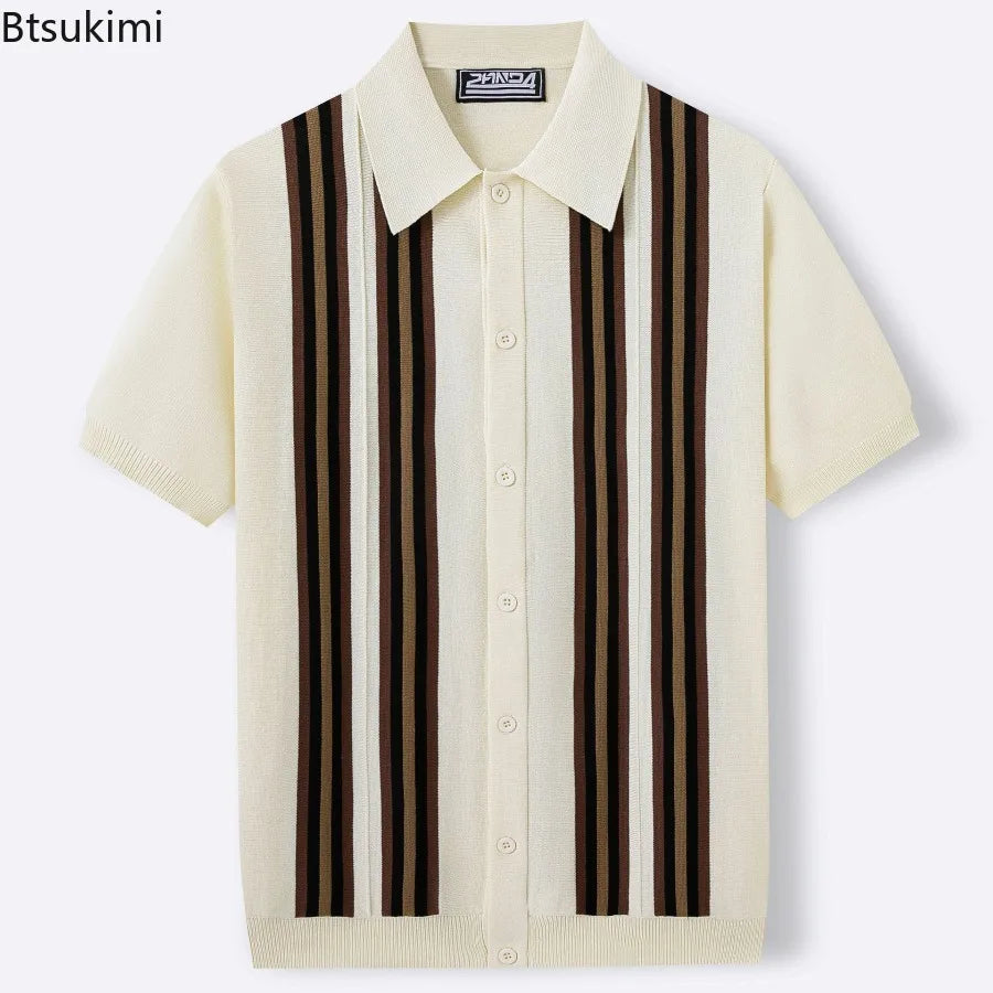 Summer Men Clothing High-end Business Casual Knitted Polo Shirt British Breathable Short Sleeve Jacquard Knit Cardigan Male Tops