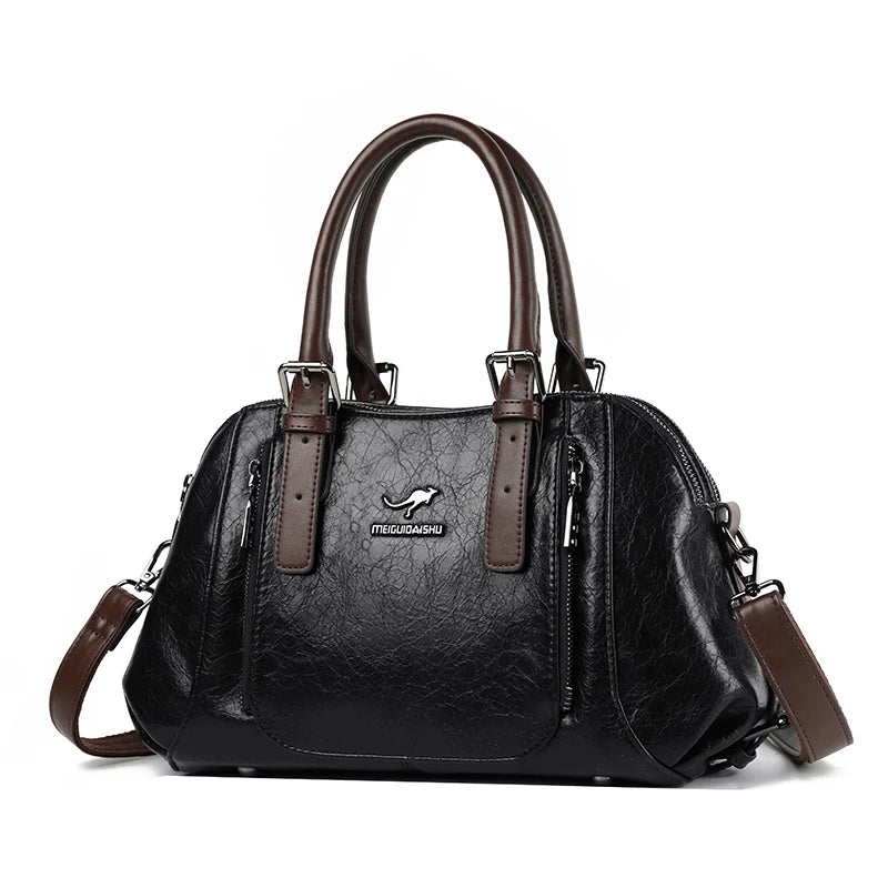 Daily Commuting Two Layers Casual Tote Hand Bags Top Quality Oil Leather Shoulder Crossbody Bags for Women Mother's Handbags
