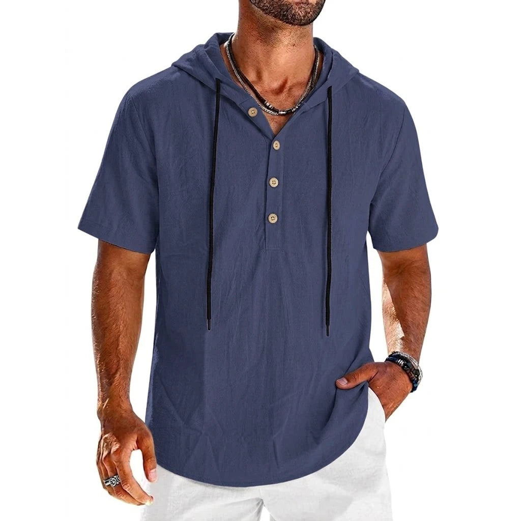 Summer Cotton Linen Shirts for Men Casual Shirts Lightweight Short Sleeve Button Beach Hooded Shirts Hawaiian T Shirts for Men