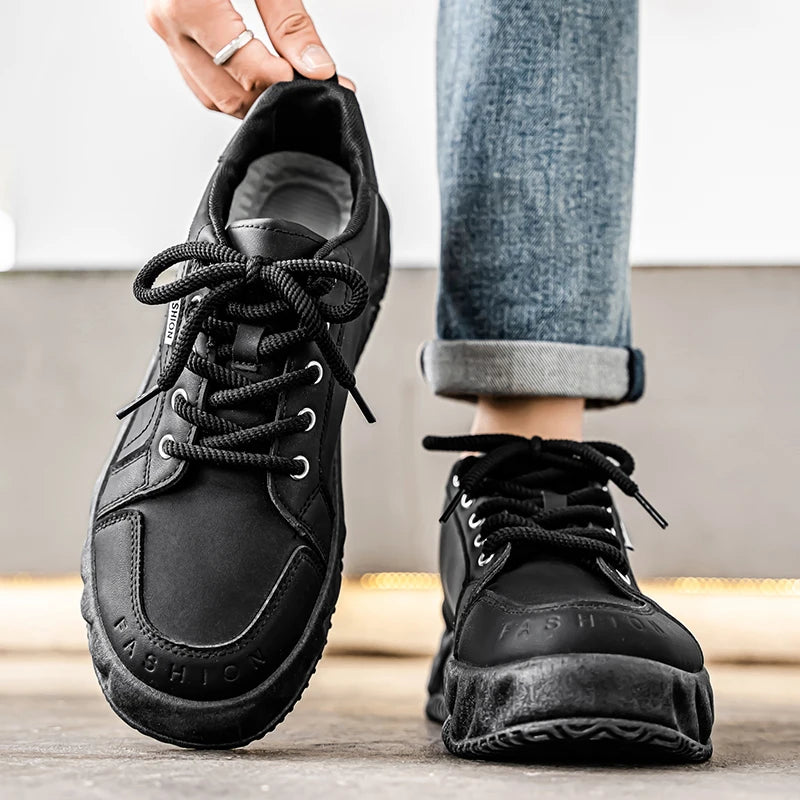 Mens Board Shoes Fashion Leather Comfortable Soft Sole Daily Commuting Sneakers Youth Flat Casual Walking Shoes for Men