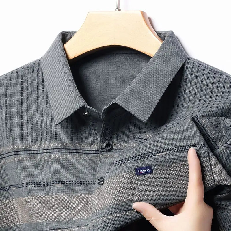 Spring Autumn Seasonal Tops Striped Polo Shirt Long Sleeve Loose Middle Aged and Elderly Men's Clothing