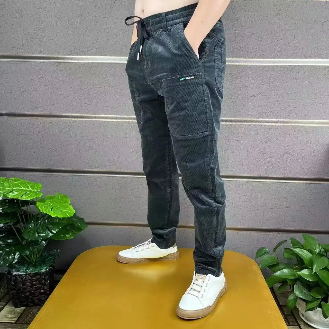 Corduroy Cargo Trousers Men's Simple Loose American Retro Casual Elastic Autumn Winter Business Classic Male Trousers