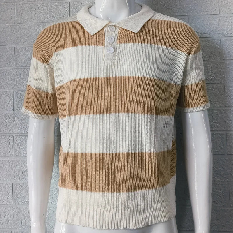 Men's White & Gray Striped Knit Polo Shirt Short Sleeve Casual Breathable Daily Summer Top