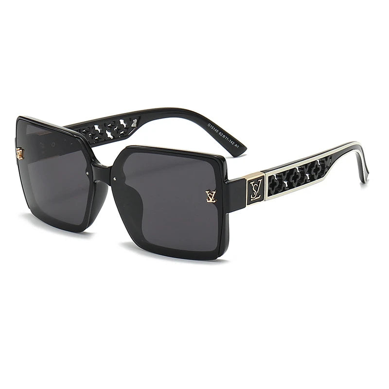 1PCS Square Large Frame Sunglasses with Hollow Letter Decoration Arm Patterns Unisex Fashionable Sunscreen Glasses