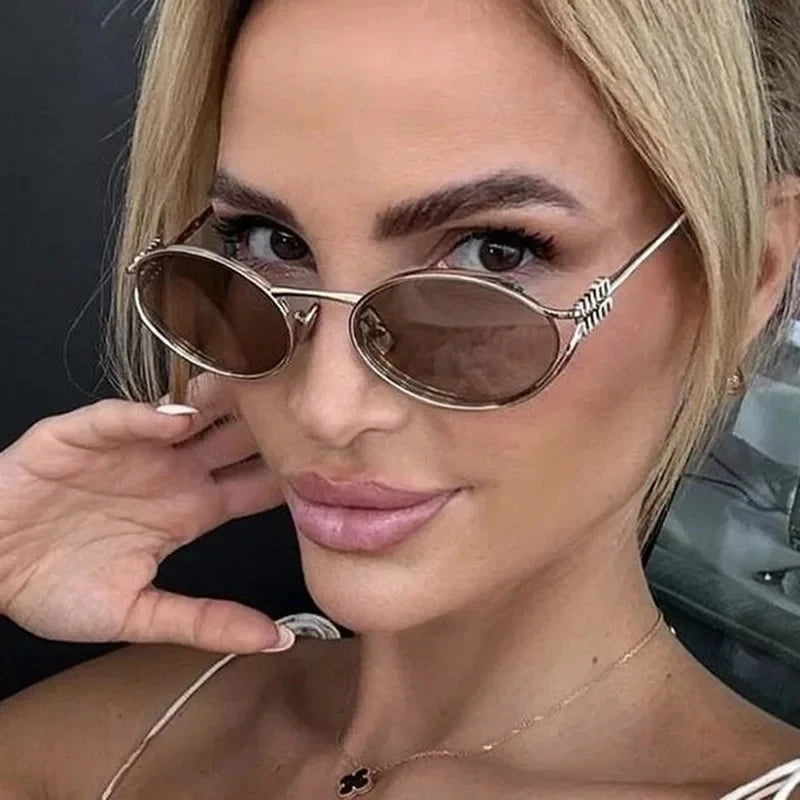 Fashionable Hollow Design Sunglasses Luxury Brand Designer Oval Sunglasses for Women Popular Metal Sunshade UV Sun Glasses