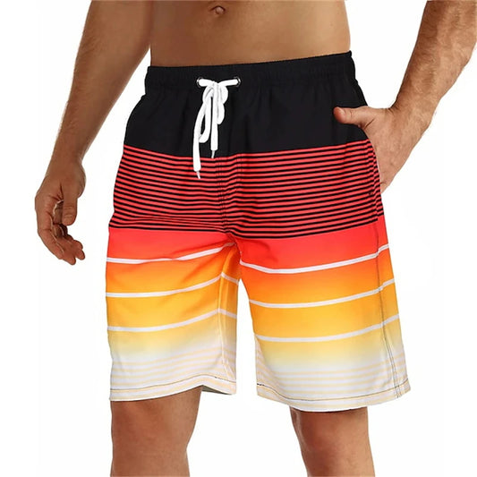 Summer Mens Swim Shorts Men 3D Print Colorful Stripe Graphic Quick Dry Swim Trunks Casual Hawaiian Shorts Daily Sport Short Pant