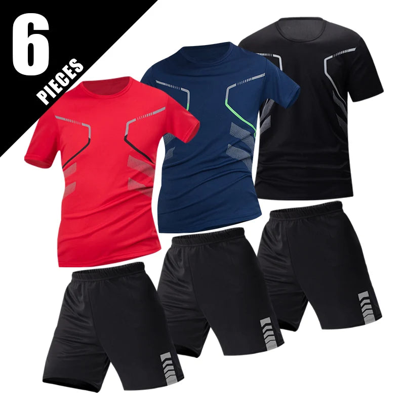 2/6pcs Men's Summer 7-color Quick Drying Casual Fashion Set Youth Loose Short sleeved T-shirt Black Sports Shorts Brother'Outfit