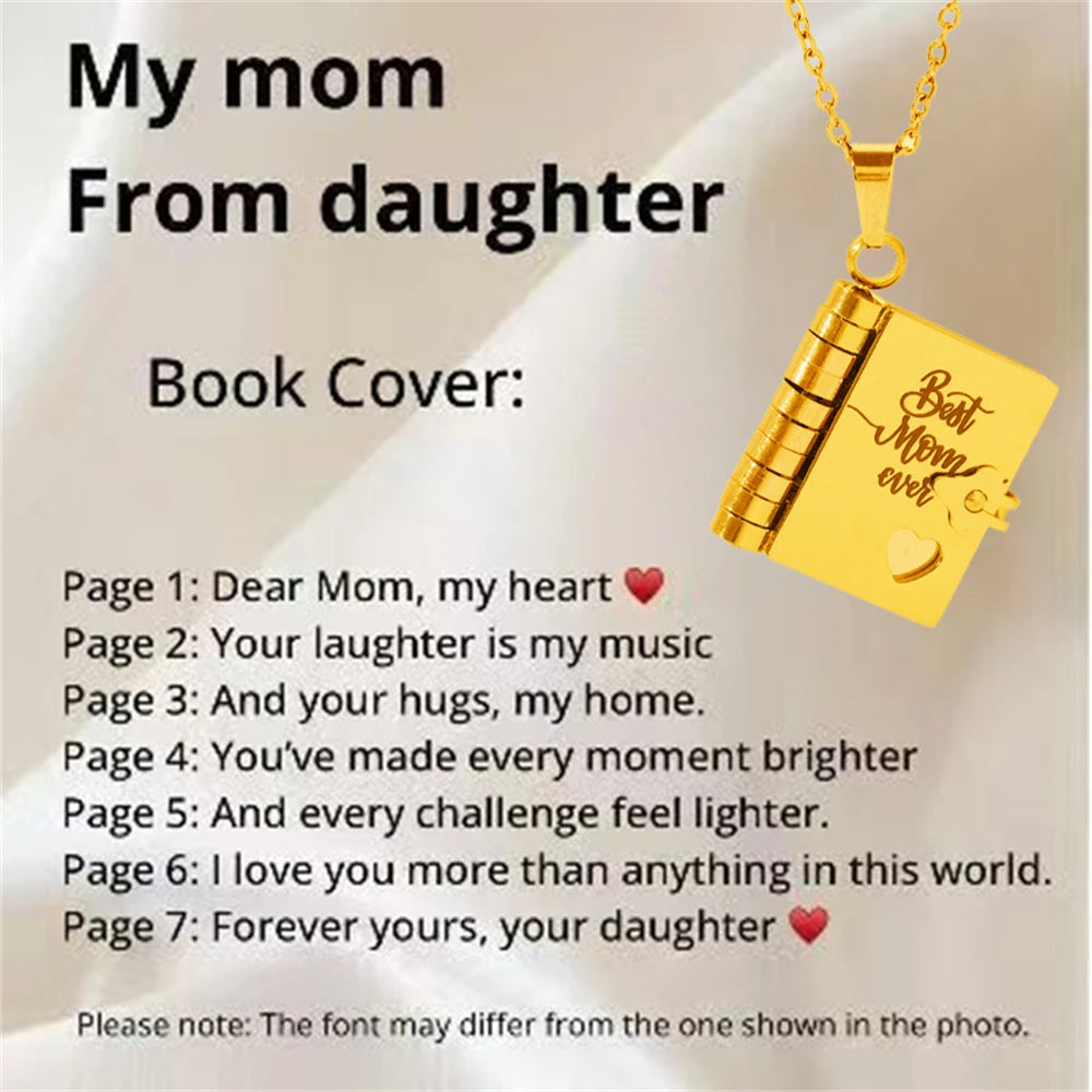 Mother’s Day Gift Best Mom Ever Book Necklace Stainless Steel Engraved Book Locket Necklaces Women Daughter Present for Mom