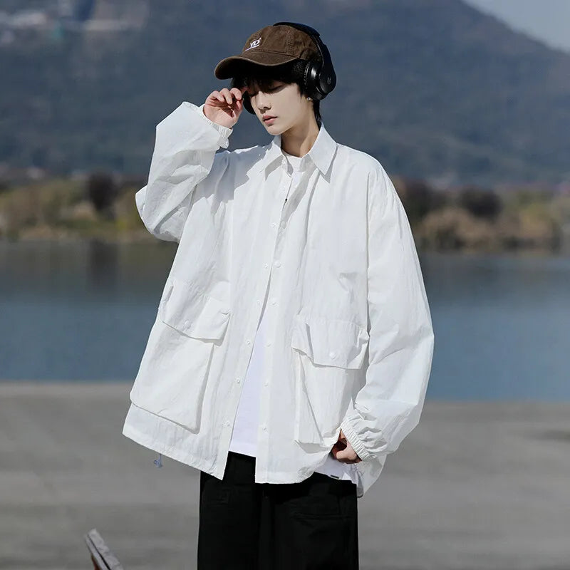 Mens Lightweight Jacket Spring Summer Two Large Pockets Loose Fit Plus Size Casual Comfort Breathable Fabric Sun protection Coat