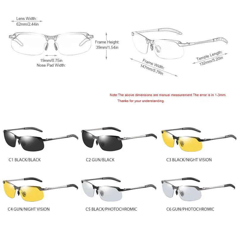 Men's Photochromic Polarized Sunglasses UV400 Day Night Vision Changing Color Chameleon Driving Fishing Eyewear