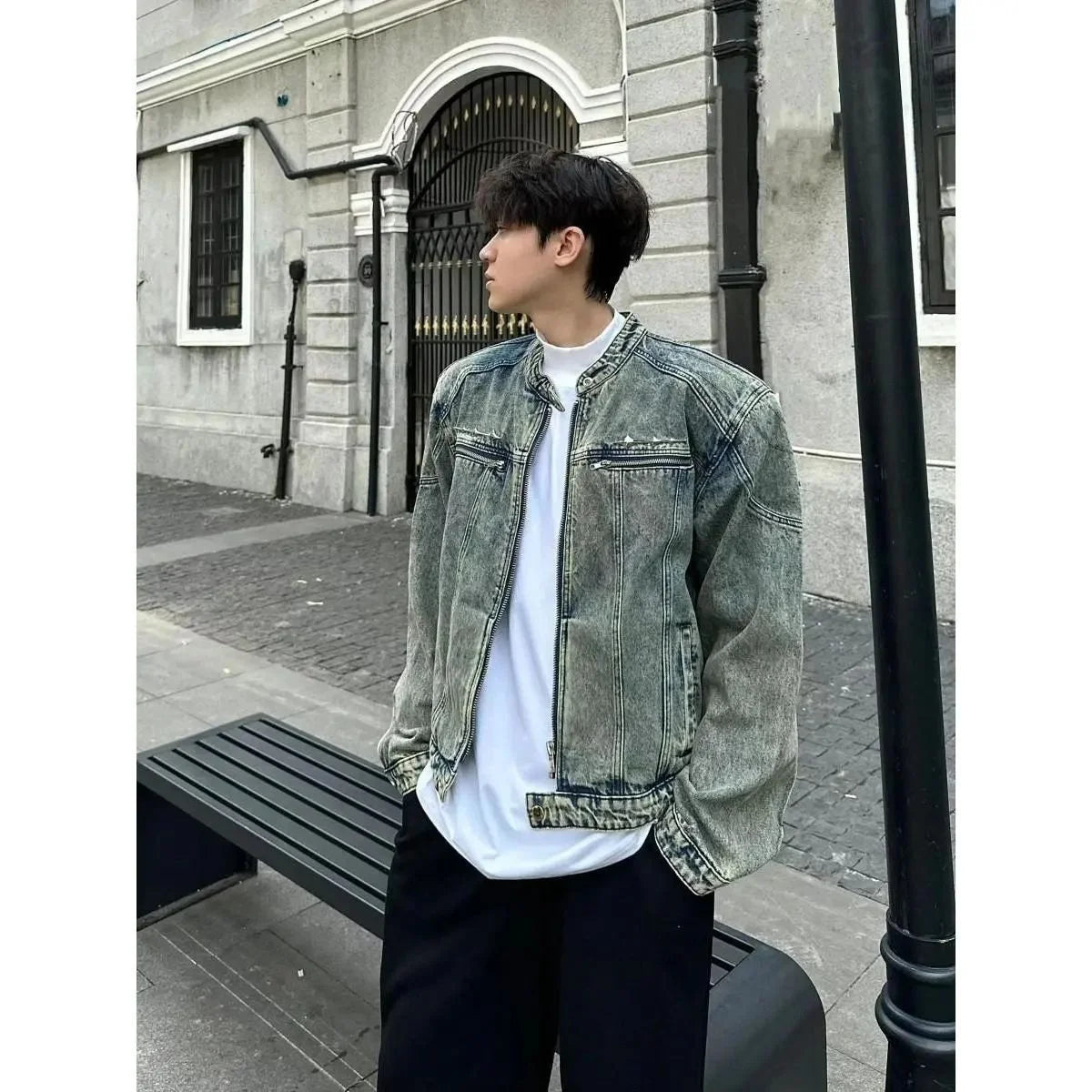 Mens Jacket Man Coat Jeans Collegiate University Academic Campus Education School Student Youth Learning Knowledge Wisdom Warmer