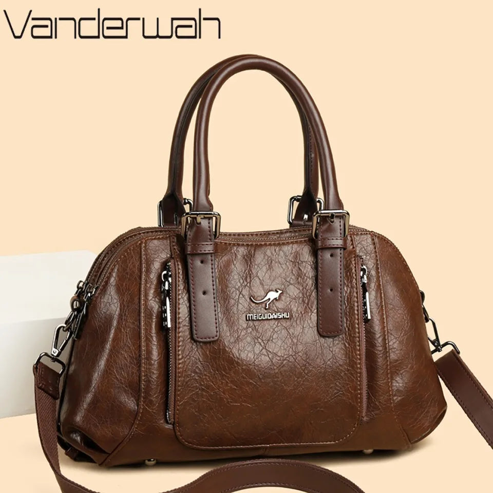 Daily Commuting Two Layers Casual Tote Hand Bags Top Quality Oil Leather Shoulder Crossbody Bags for Women Mother's Handbags