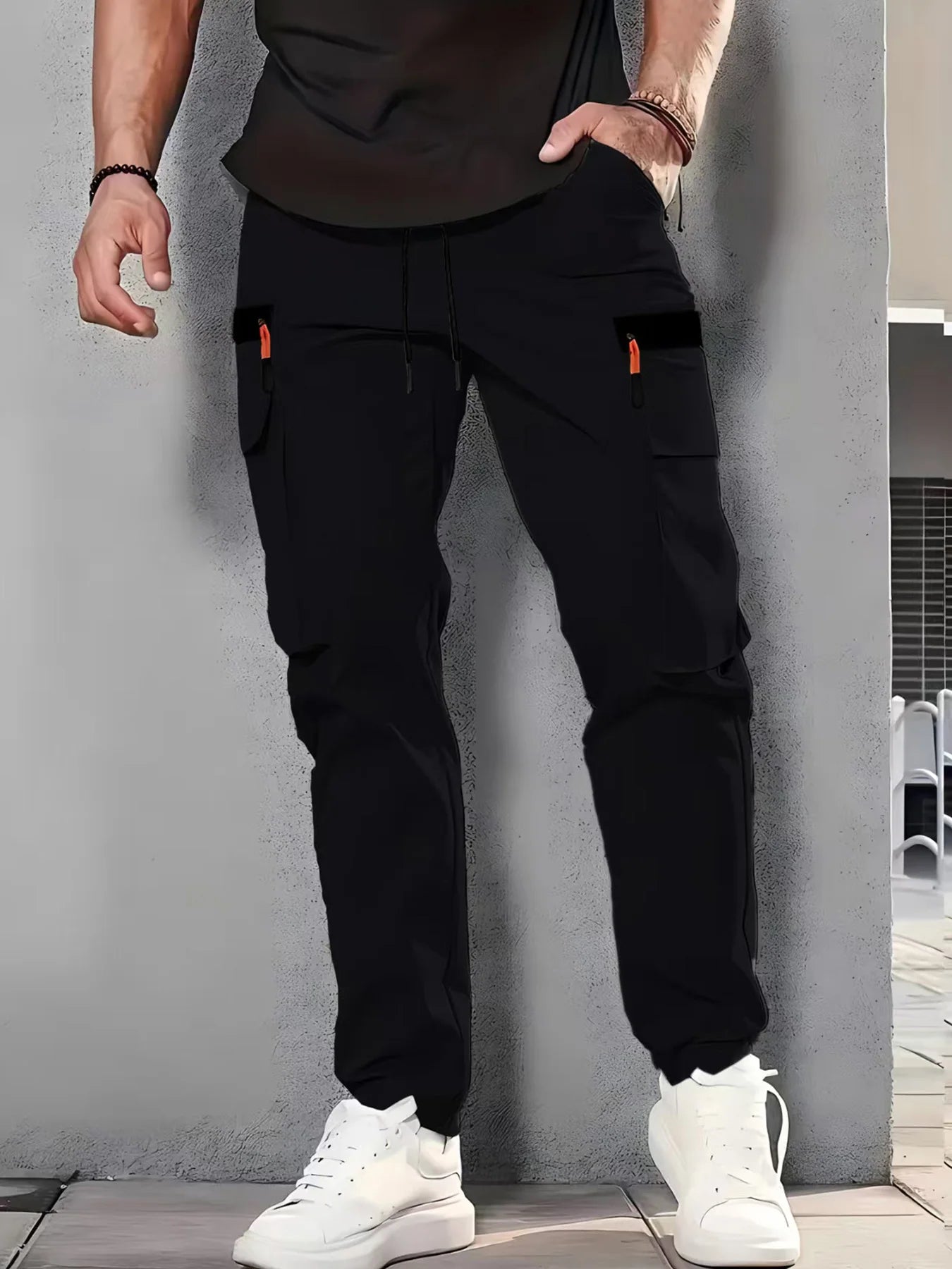 Men's new workwear trousers with multiple pockets and drawstring quick-drying straight-leg trousers