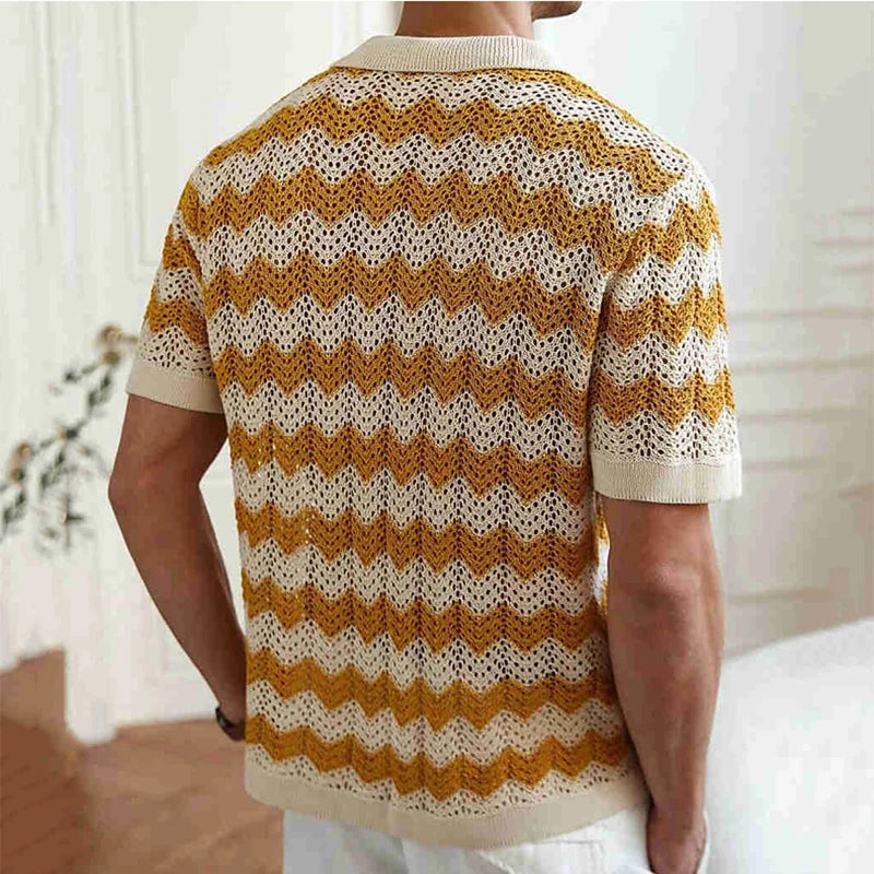 Mens Beach Vintage Striped Crochet Knit Cardigans Men Summer Trendy Lapel Button-up Shirt New Casual Hollow Out Knitted Shirts