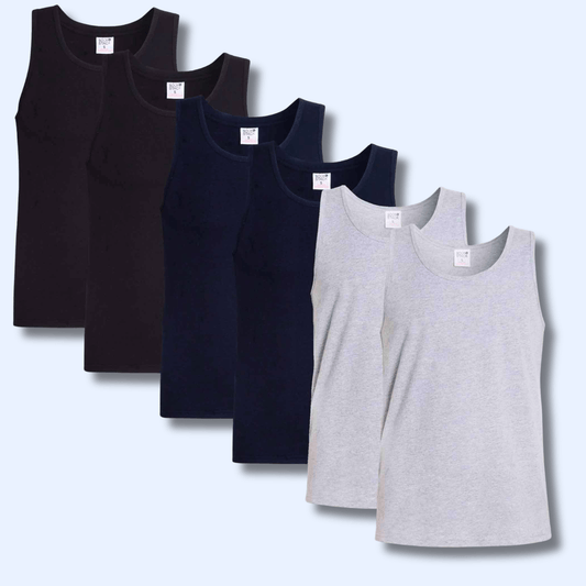 Sock Stack Pack Of 6 Mens Cotton Blend Gym Muscle Vests Fitted Lightweight Breathable Summer Tops, Sizes S To XXL, Black Grey Navy White