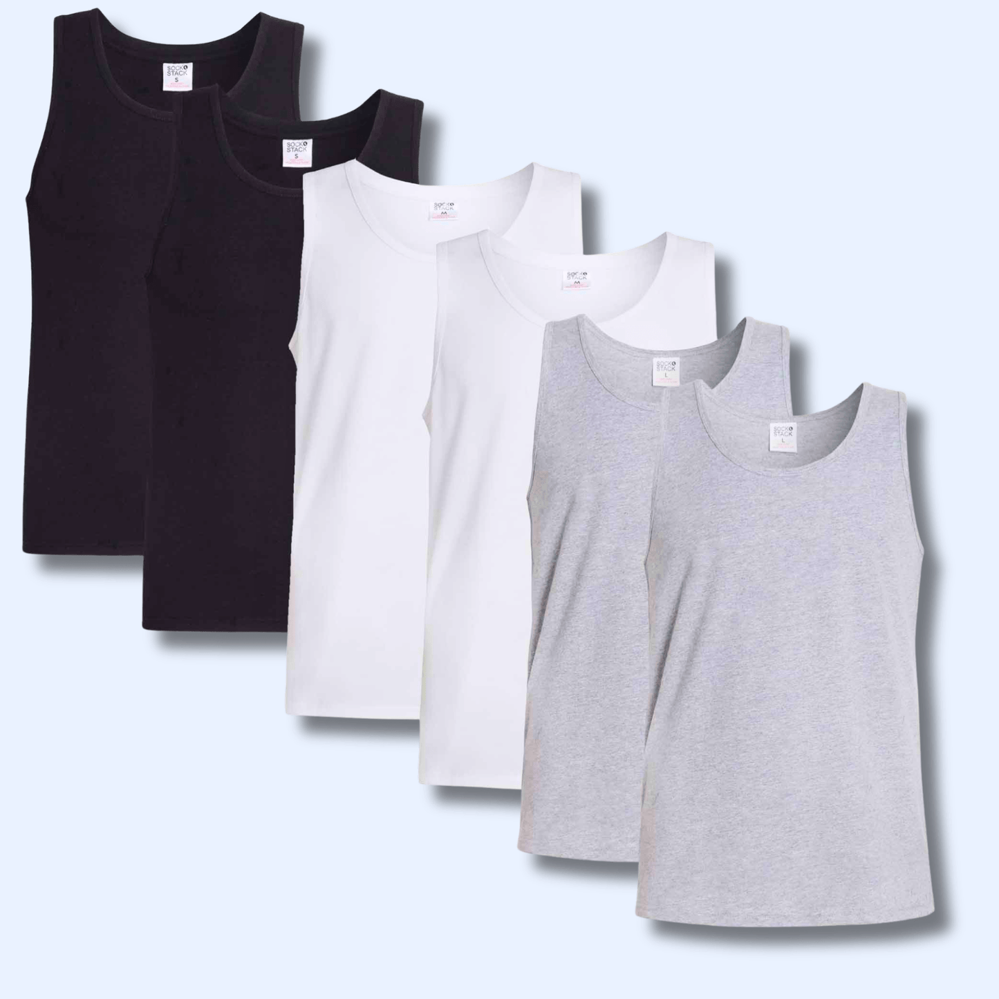 Sock Stack Pack Of 6 Mens Cotton Blend Gym Muscle Vests Fitted Lightweight Breathable Summer Tops, Sizes S To XXL, Black Grey Navy White
