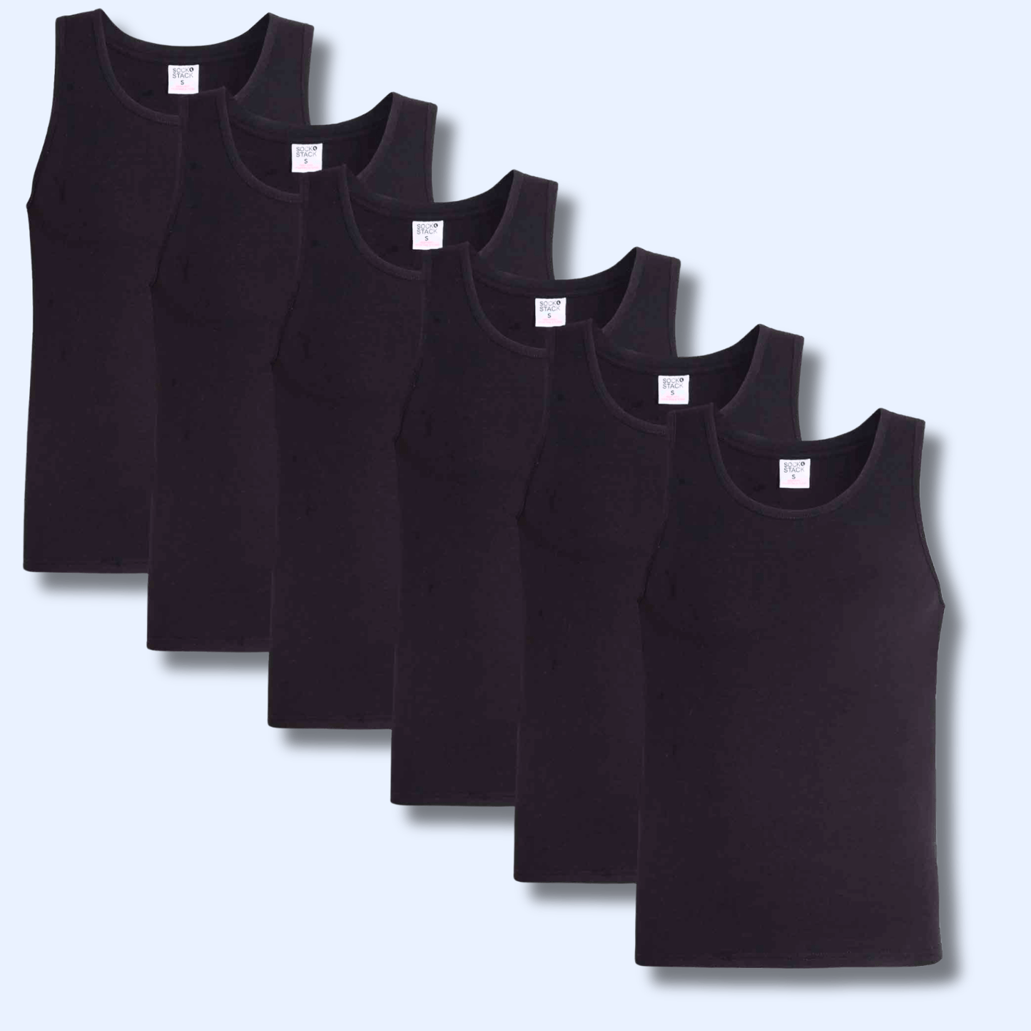 Sock Stack Pack Of 6 Mens Cotton Blend Gym Muscle Vests Fitted Lightweight Breathable Summer Tops, Sizes S To XXL, Black Grey Navy White